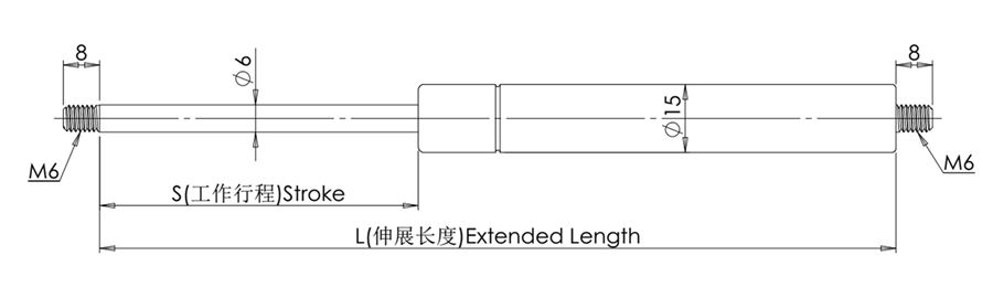 Storage Box Lid Gas Strut dimension drawing showing stroke, extended length, rod diameter and M6 threaded ends